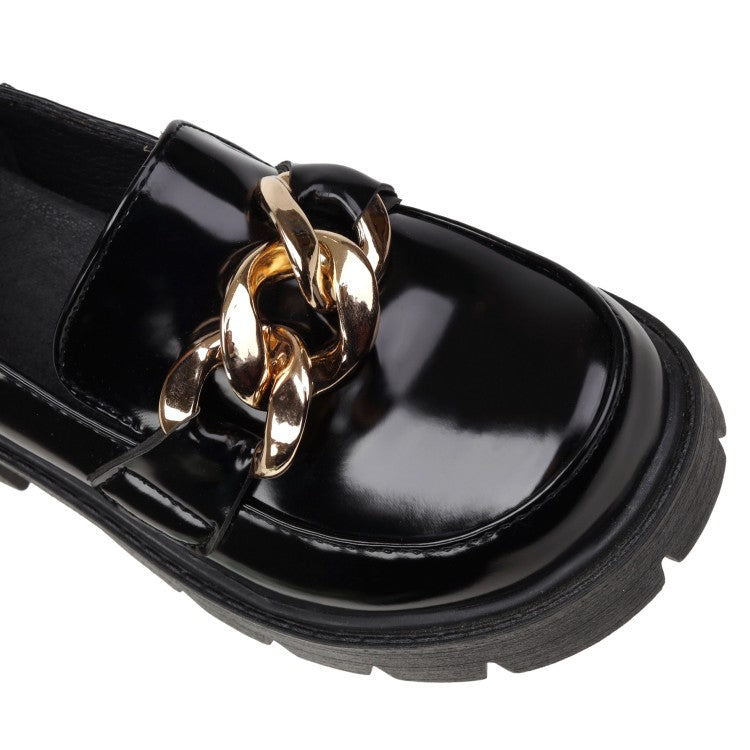 Women's Round Toe Metal Chains Shallow Block Chunky Heel Platform Loafers