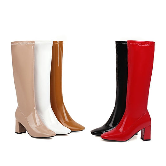 Women's Square Toe Glossy Side Zippers Chunky Heel Knee-High Boots