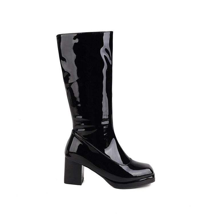 Women's Glossy Square Toe Side Zippers Block Chunky Heel Platform Mid Calf Boots
