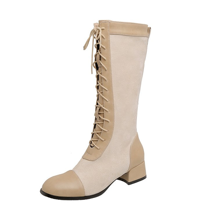 Women's Square Toe Lace-Up Block Chunky Heel Mid Calf Boots