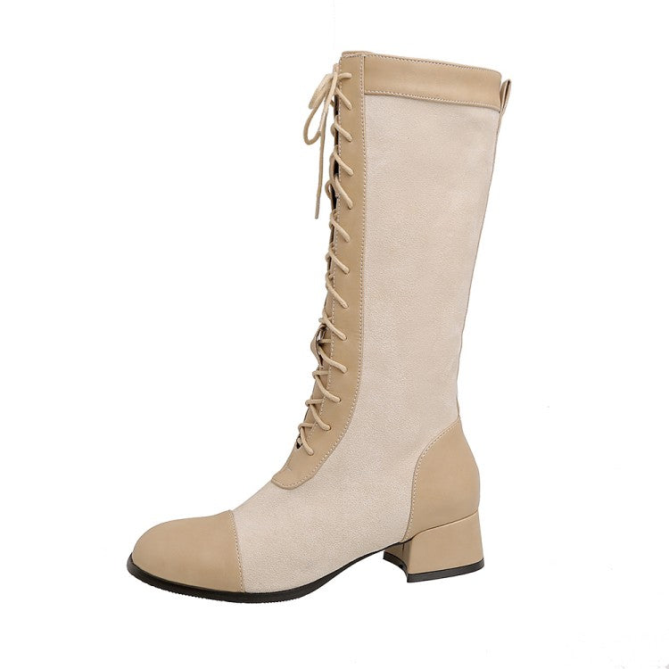 Women's Square Toe Lace-Up Block Chunky Heel Mid Calf Boots
