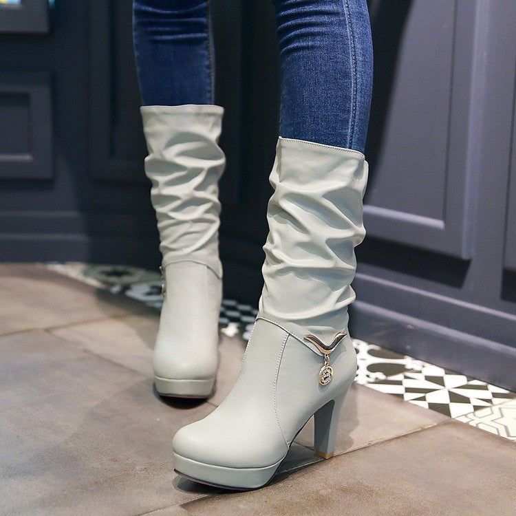 Women's Pu Leather Almond Toe Metal Rhinestone Pendants Block Chunky Heel Platform Mid Calf Boots