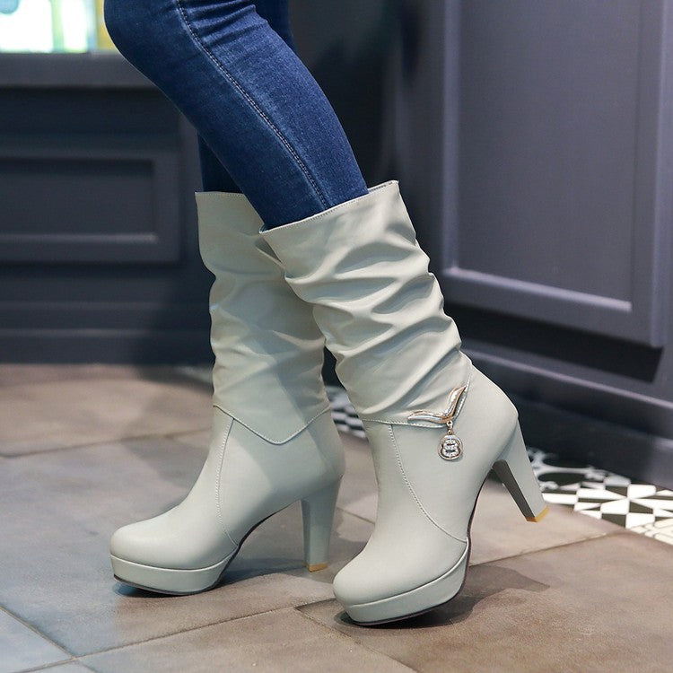 Women's Pu Leather Almond Toe Metal Rhinestone Pendants Block Chunky Heel Platform Mid Calf Boots