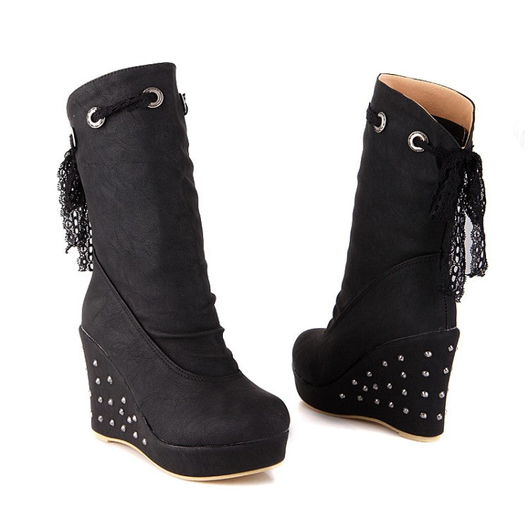 Women's Round Toe Lace Tied Straps Rivets Wedge Heel Platform Mid Calf Boots