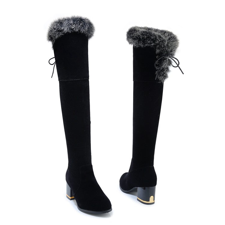 Women's Flock Round Toe Fur Back Tied Straps Block Chunky Heel Over-The-Knee Boots