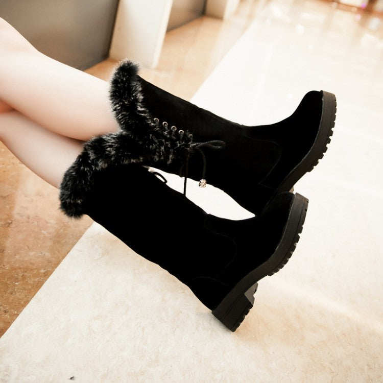 Women's Flock Round Toe Lace-Up Block Chunky Heel Mid-Calf Boots