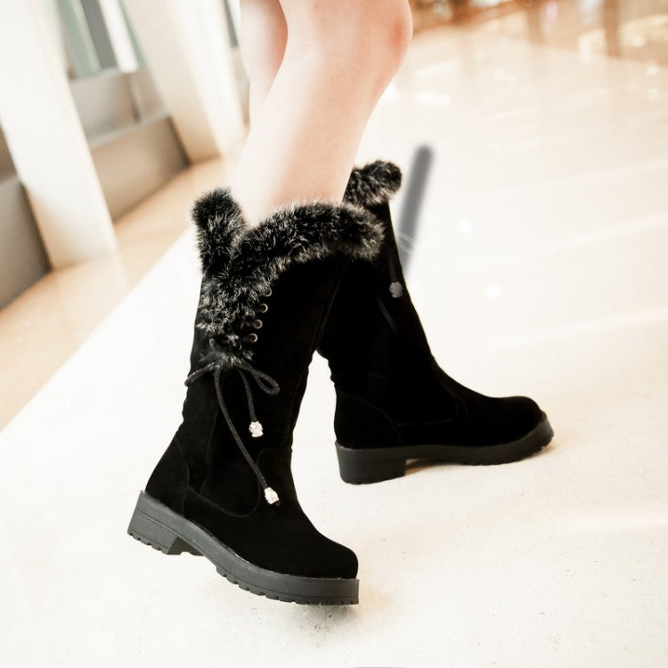 Women's Flock Round Toe Lace-Up Block Chunky Heel Mid-Calf Boots