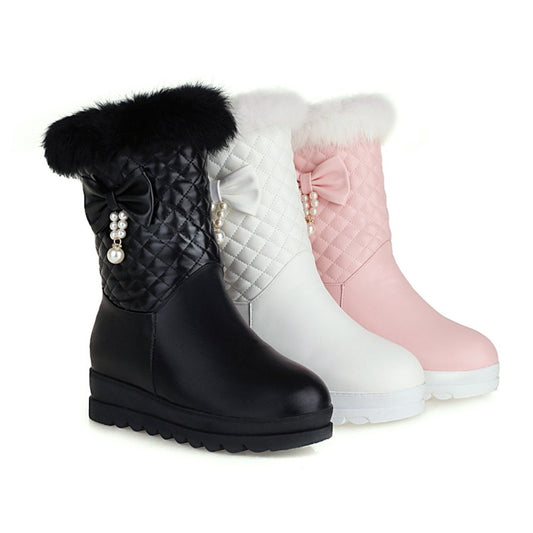 Women's Pu Leather Round Toe Bow Tie Pearls Furry Platform Wedge Heel Mid-Calf Snow Boots