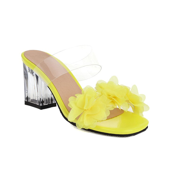 Women's Candy Color Pleated Flora Transparent Crystal Block Heel Slides Sandals