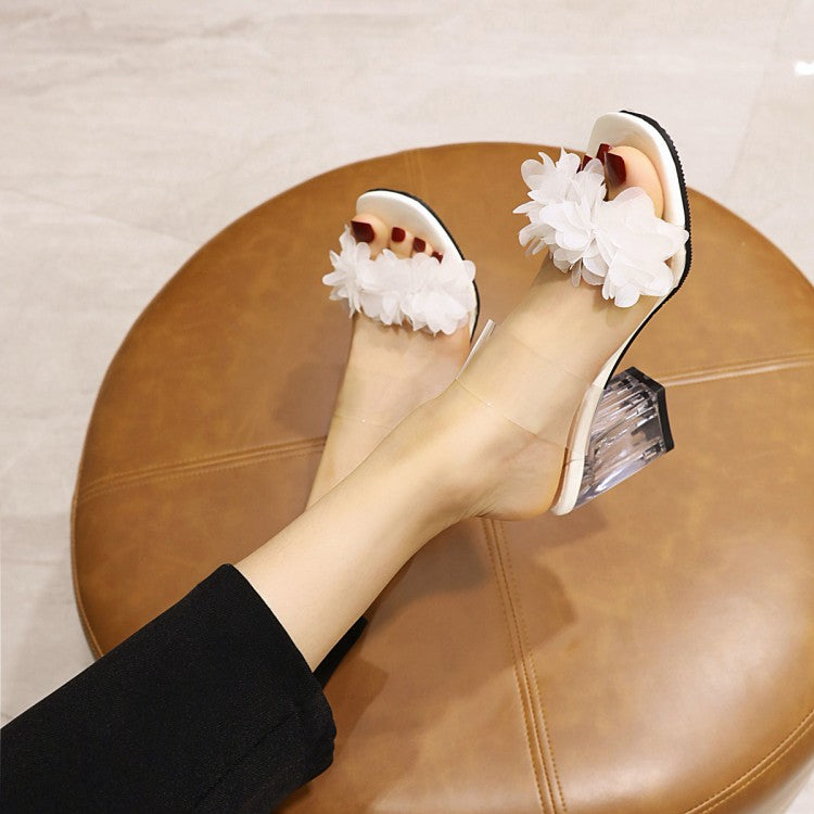 Women's Candy Color Pleated Flora Transparent Crystal Block Heel Slides Sandals