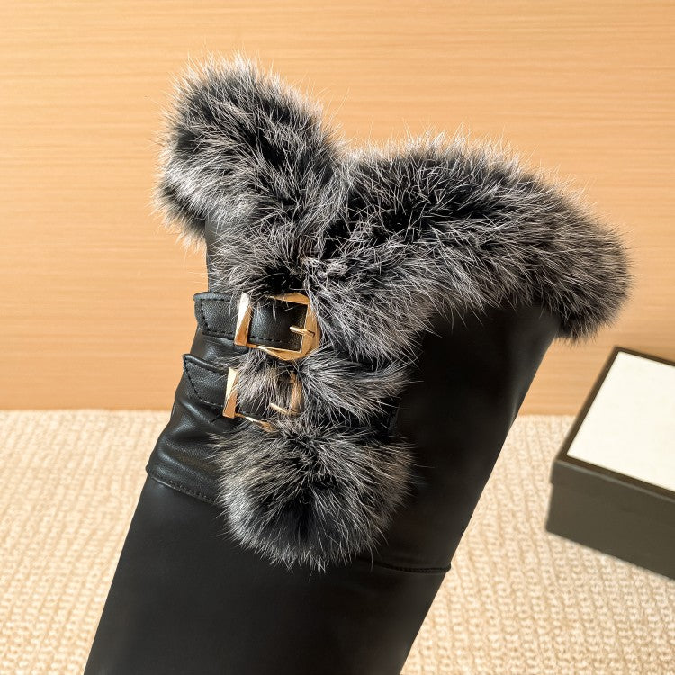 Women's Pu Leather Round Toe Fur Inside Heighten Wedge Heel Over-The-Knee Boots