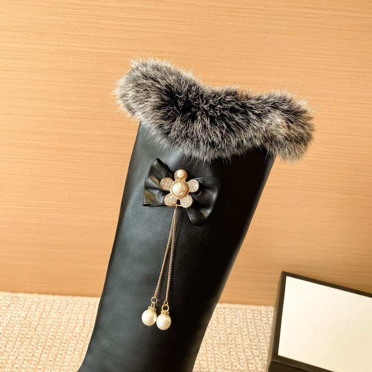 Women's Fur Pearls Bow Tie Inside Heighten Wedge Heel Knee-High Boots