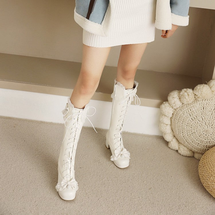 Women's Lace Bow Tie Block Chunky Heel Knee-High Boots