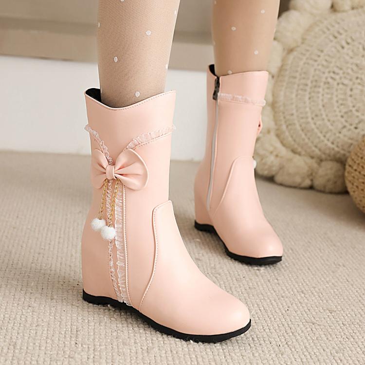 Women's Pu Leather Round Toe Side Zippers Bow Tie Pearls Inside Heighten Mid-Calf Boots