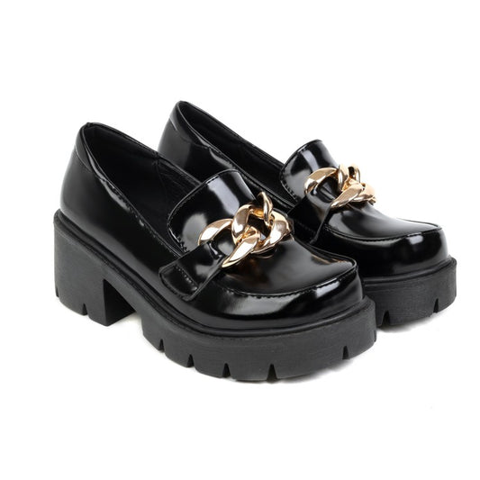 Women's Round Toe Metal Chains Shallow Block Chunky Heel Platform Loafers