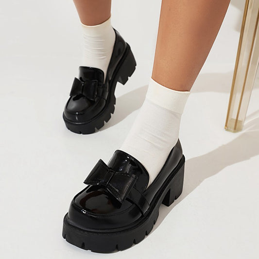 Women's Bow Tie Shallow Block Chunky Heel Platform Loafers