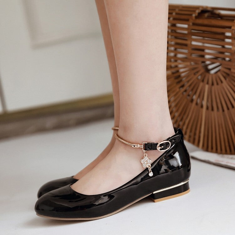 Women's Glossy Round Toe Shallow Metal Ankle Strap Flat Pumps