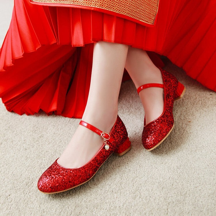 Women's Sparkling Sequins Shallow Mary Janes Rhinestone Flat Pumps