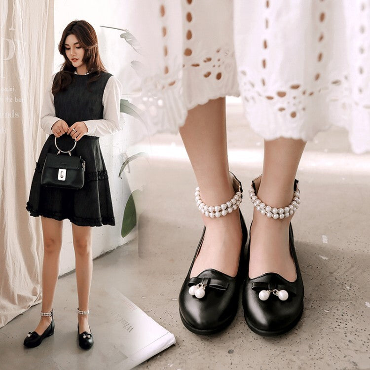 Women's Round Toe Pearls Bow Tie Shallow Ankle Strap Rhinestone Flat Pumps