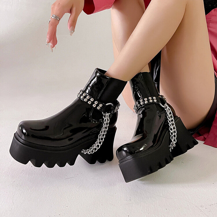 Women's Pu Leather Round Toe Metal Chains Rivets Straps Block Chunky Heel Platform Ankle Boots