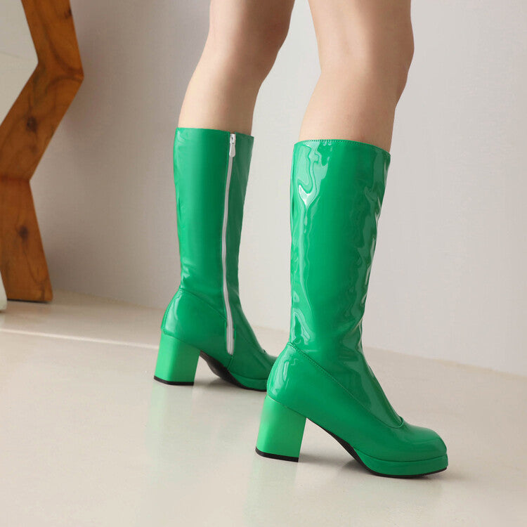 Women's Glossy Square Toe Side Zippers Block Chunky Heel Platform Mid Calf Boots