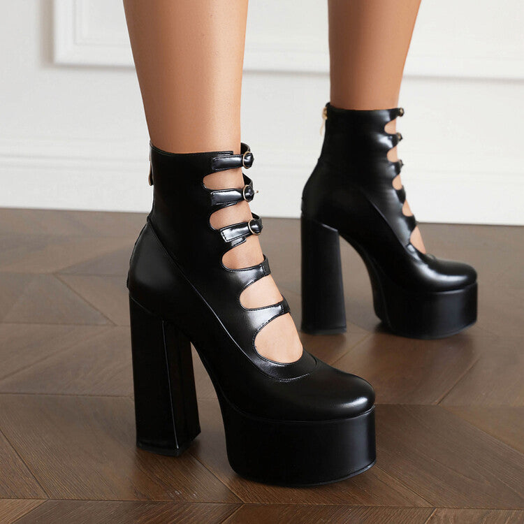 Women's Booties Glossy Round Toe Cutout Buckle Straps Block Chunky Heel Platform Short Boots
