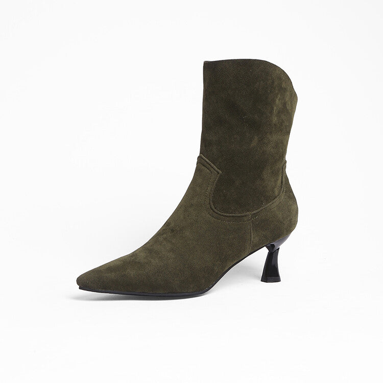 Women's Flock Pointed Toe Stitch Spool Heel Ankle Boots