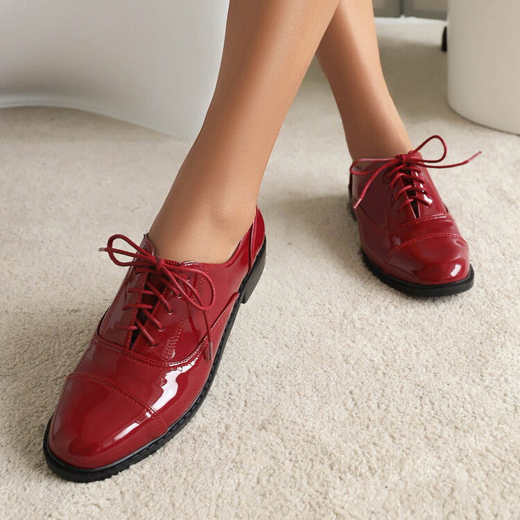 Women's Glossy Round Toe Lace-Up Flat Oxford Shoes
