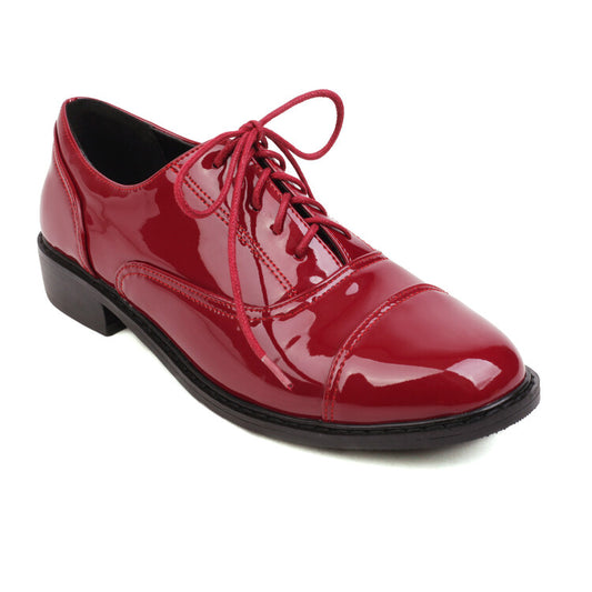 Women's Glossy Round Toe Lace-Up Flat Oxford Shoes