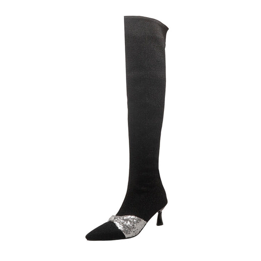Women's Pointed Toe Glitter Bowtie Stiletto Heel Over-the-Knee Boots
