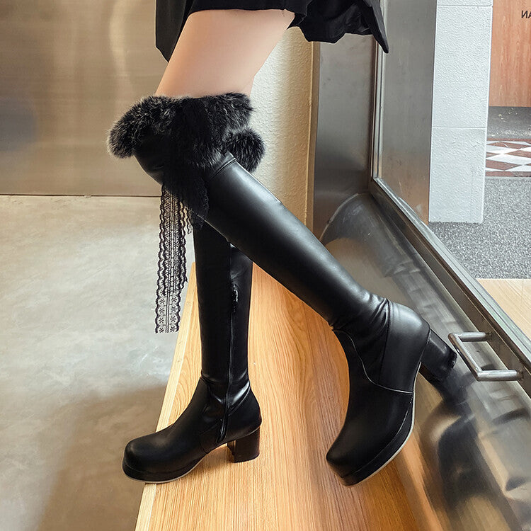 Women's Lace Fur Block Heel Platform Over-The-Knee Boots