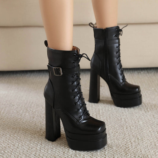 Women's Square Toe Lace-Up Buckle Straps Side Zippers Block Chunky Heel Platform Short Boots