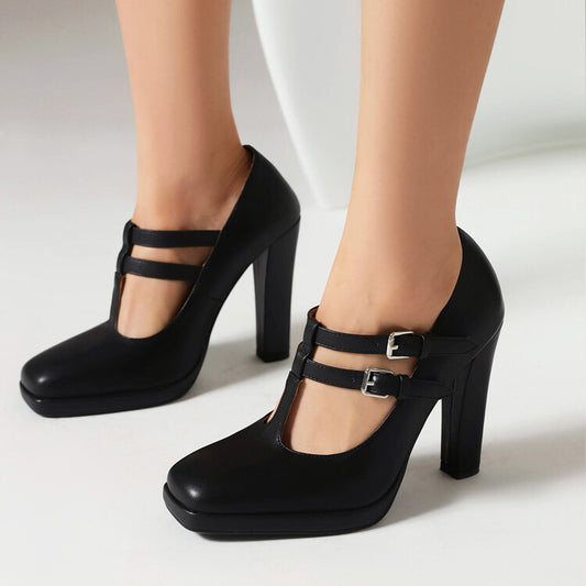 Women's Square Toe T Strap Buckle Straps Chunky Heel Mary Jane Platform Pumps