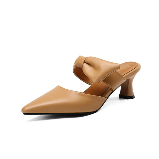 Women's Pointed Toe Shallow Bow Tie Spool Heel Slides Slip On Sandals