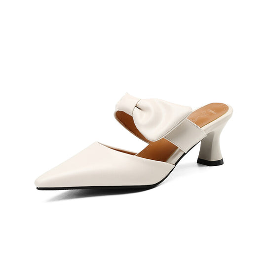 Women's Pointed Toe Shallow Bow Tie Spool Heel Slides Slip On Sandals