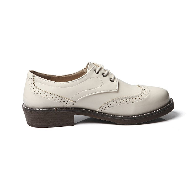 Women's Glossy Round Toe Lace-Up Stitch Oxford Shoes