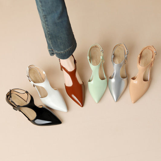 Women's Pointed Toe T Strap Cutout Spool Heel Sandals