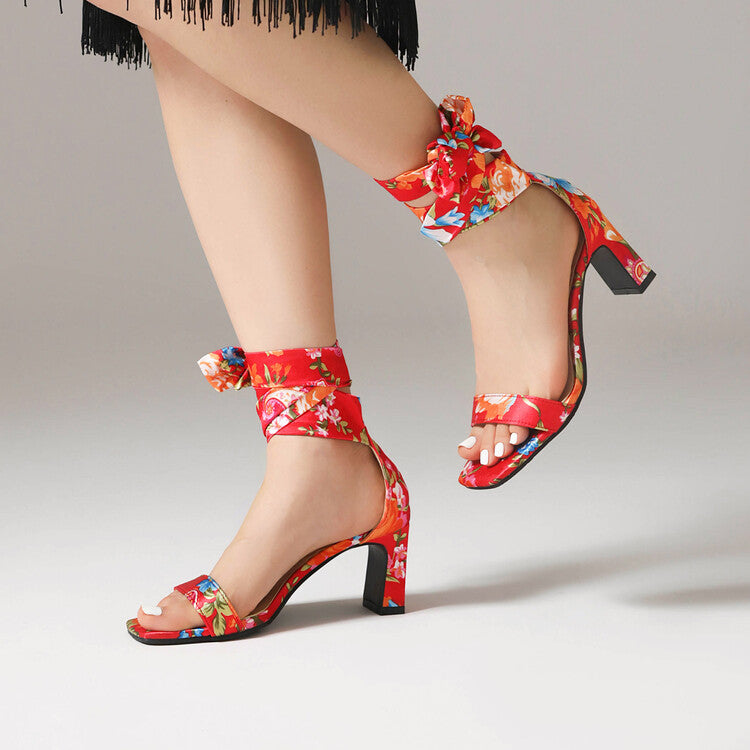 Women's Ethnic Ribbons Bow Tie Square Toe Block Heel Sandals