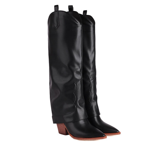 Women's Western Boots Fold Pointed Toe Beveled Heel Knee High Boots
