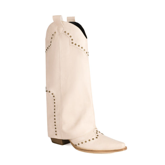 Women's Western Boots Fold Pointed Toe Beveled Heel Rivets Mid-calf Boots