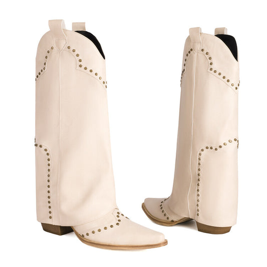 Women's Western Boots Fold Pointed Toe Beveled Heel Rivets Mid-calf Boots