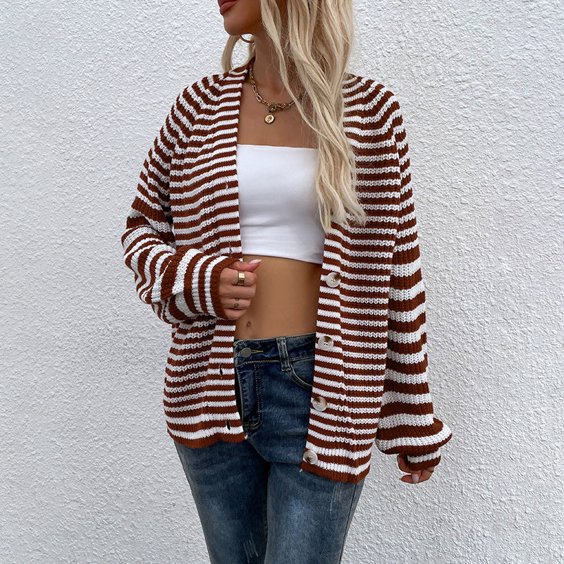 Women's Cardigans Kniting Buttons Bicolor Stripes Long Sleeves