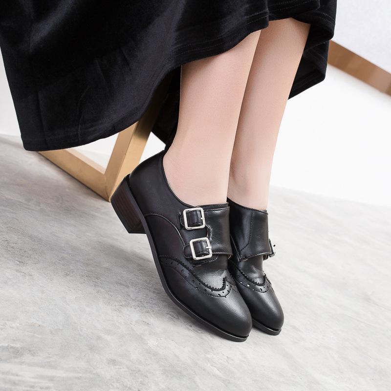 Lady Round Head Double Buckle Woman Mid Heeled Oxford Shoes