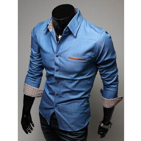 Casual Style Lapel Collar Pockets Design Bleach Wash Long Sleeves Denim Shirt For Men 9578