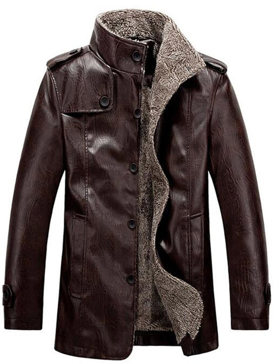 Men's Stand Collar Flocking Single Breasted PU-Leather Jacket