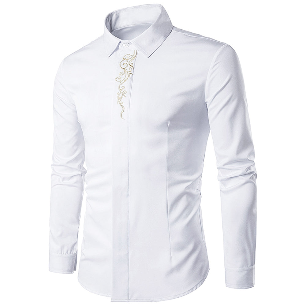 Cotton Lapel Collar Embroidered Long Sleeve Man Shirt 1908