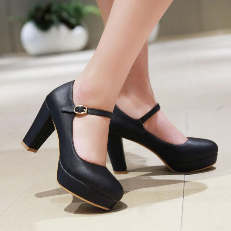 Women's Pu Leather Almond Toe Ankle Strap Block Heels High Heel Platform Pumps
