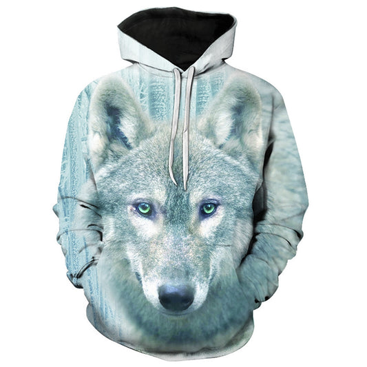 Men's 3D Wolf Print Pullover Fashion Drawstring Hoodie