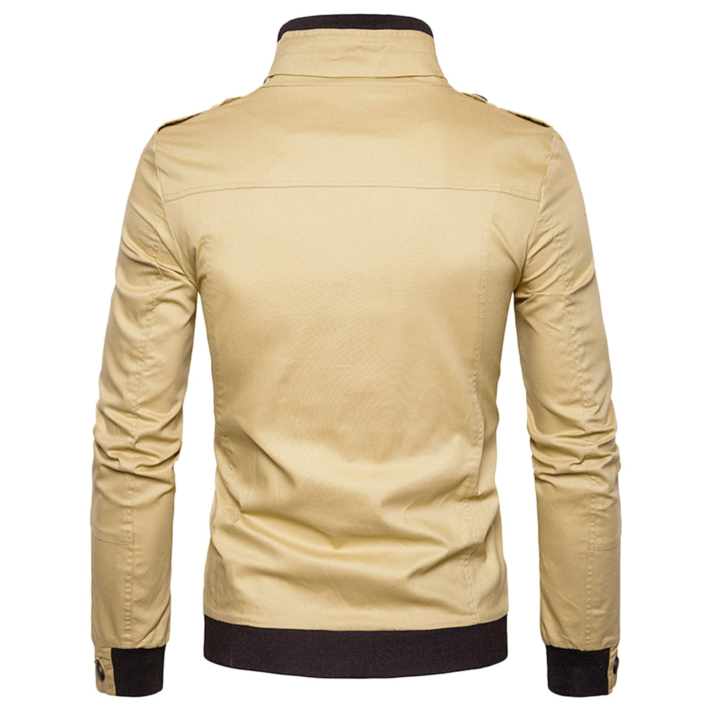 Men's Pure Color Epaulet Design Pockets Zip Up Cargo Jacket