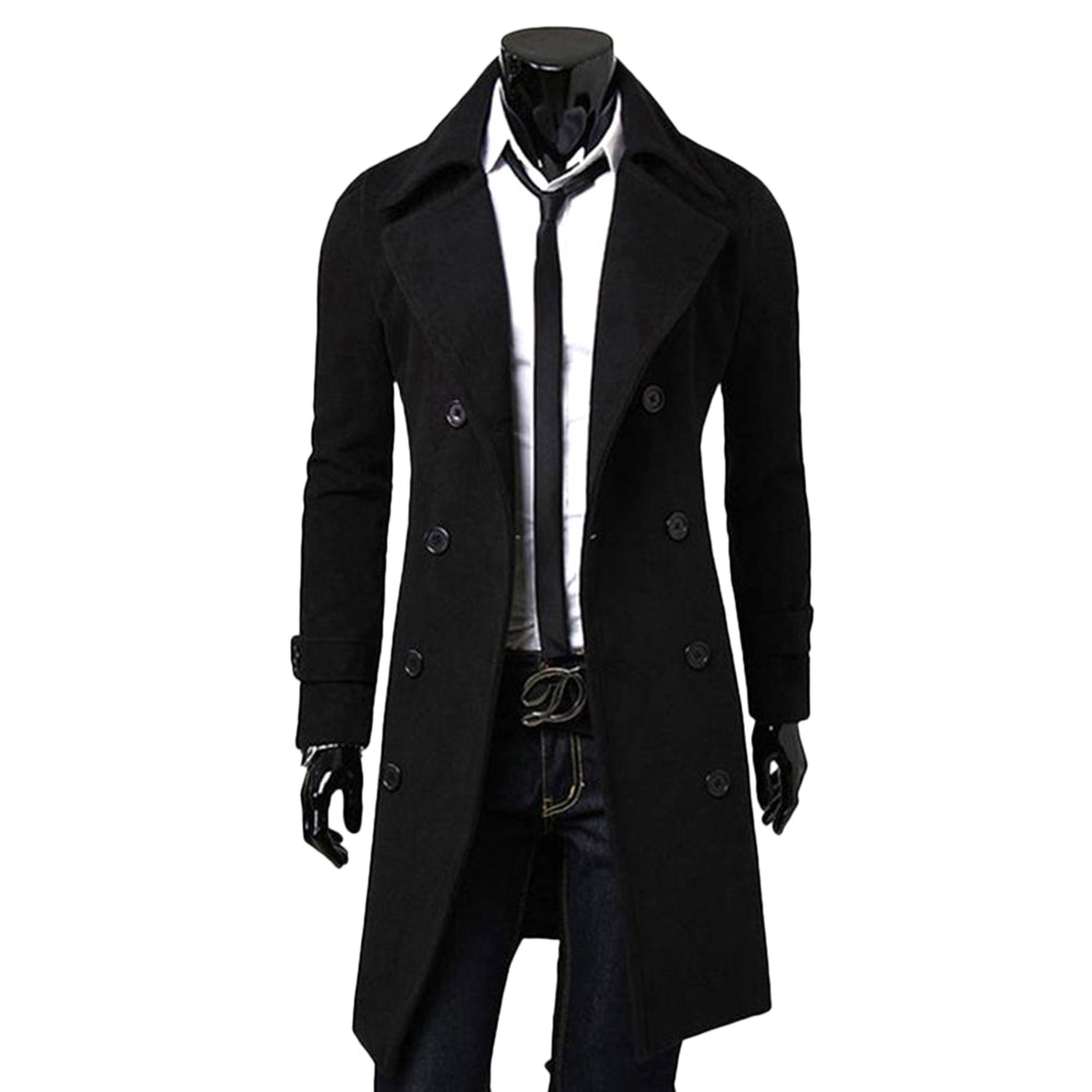 Men's Solid Long Woolen Coat Casual Business Jacket Outwear